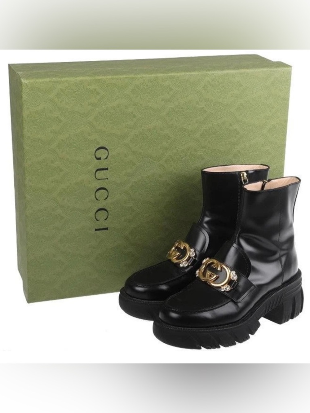GUCCI BLACK LEATHER INTERLOCKING G CRYSTALS BOOTS SHOES 37 W/BOX